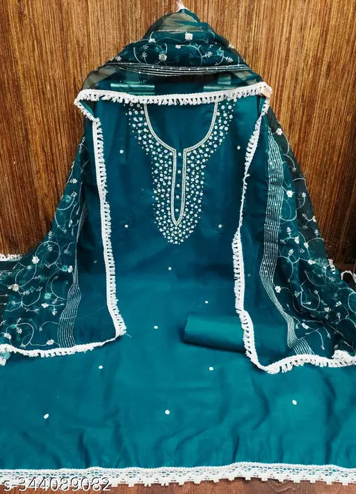 Cotton Hand Work Dress Material Suit for Womens with Organza Silk Work dupatta
