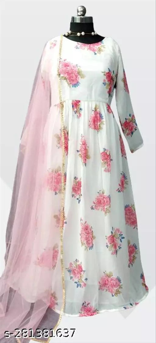 QVAZOR Stylish Fancy Trendy Printed Georgette Gown For Women For Party Wedding Festival Functions
