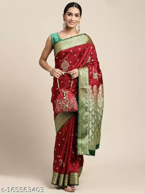 Banarasi Satin Silk Embroidery Saree With Heavy Pallu