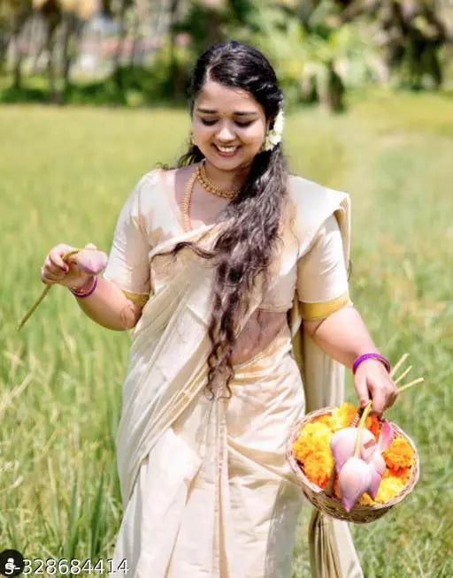 REAL HAND WOOVEN KERALA KASAVUE PURE COTTON CREAM / BEIGE COLOR SAREE WITH ZARI SIZE IS 2 BY 3