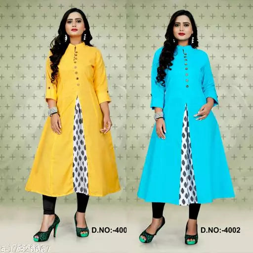 Women Cotton Blend Panelled Printed Yellow Kurti