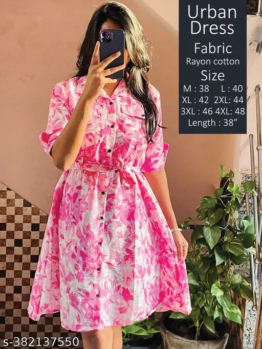 JKP COLLECTION Trendy Floral Print Women's Rayon A-Line Below The Knee Length Casual Dress Pink