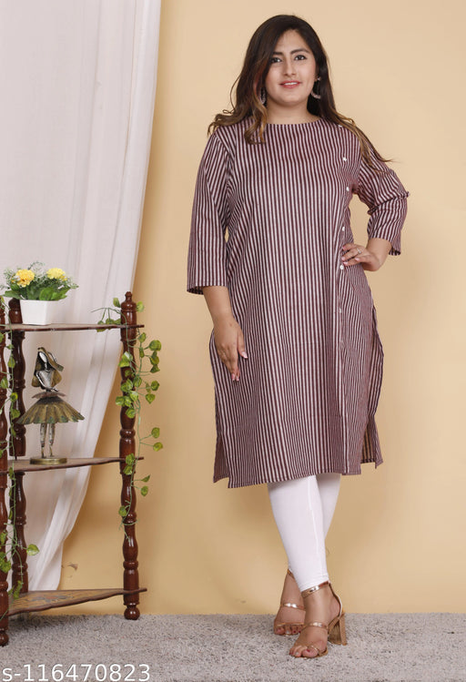 Shritikas Designer Purple Stripes Straight Cotton Plus Size Kurti For Women - 60s Cotton 
