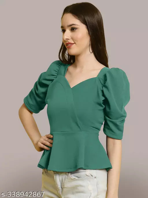 Sweetheart Neck Puff Sleeves Peplum Top (Women Top | Women Tops | Top)