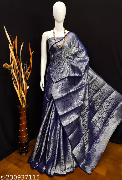 Morpich Fashion Navy Blue Banarasi Silk Silver Zari Saree