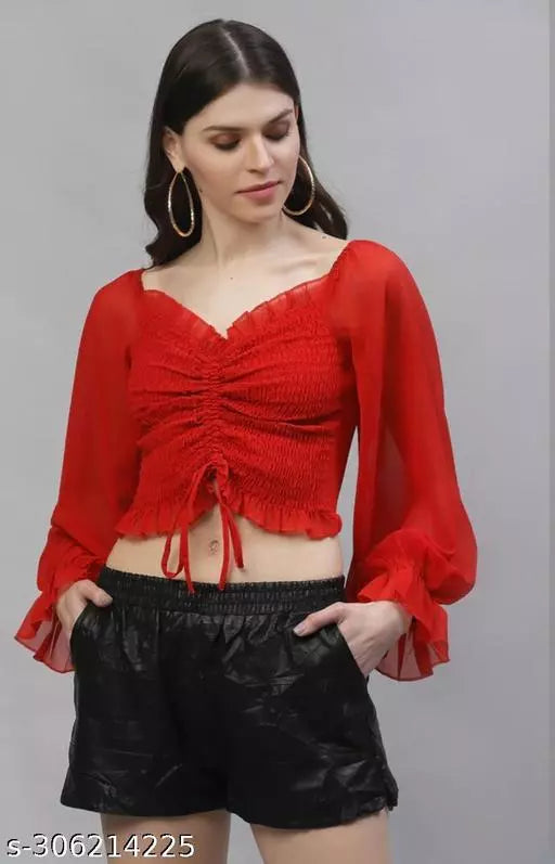 Red Smocked Crop Top: Adjustable Sleeves  Sweetheart Neckline