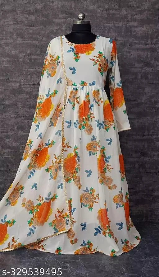 QVAZOR Stylish Fancy Trendy Printed Georgette Gown For Women For Party Wedding Festival Functions