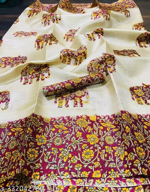ELEPHANT PRINTED KHADI SILK BLENDED LIGHT WEIGHT COMFERTABLE WEAR SAREE WITH BLOUSE