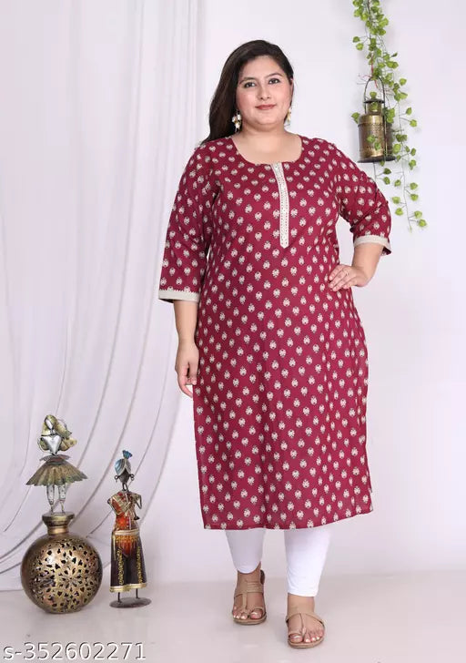 Women Plus Size Floral Print Pure Cotton Straight Kurta  (Maroon)