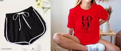 Vivient Women Black Shorts and Black Love Printed T-Shirt Combo