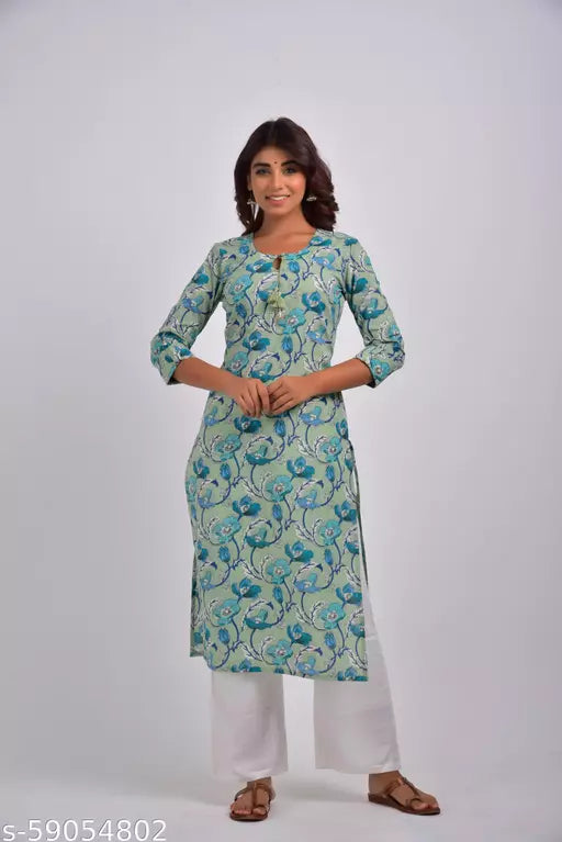 Swasti  Women Plus Size Printed Pure Cotton Straight Kurta  (Green)