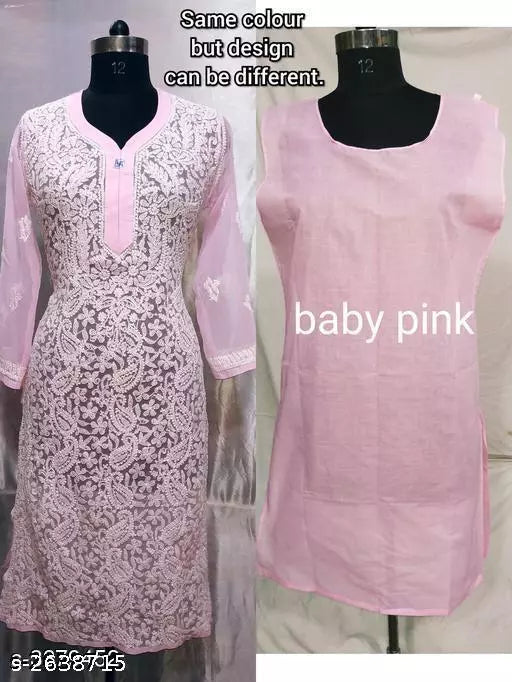 Women's Chikankari Hand Embroidered Chiffon Long Front jall kurti With inner.