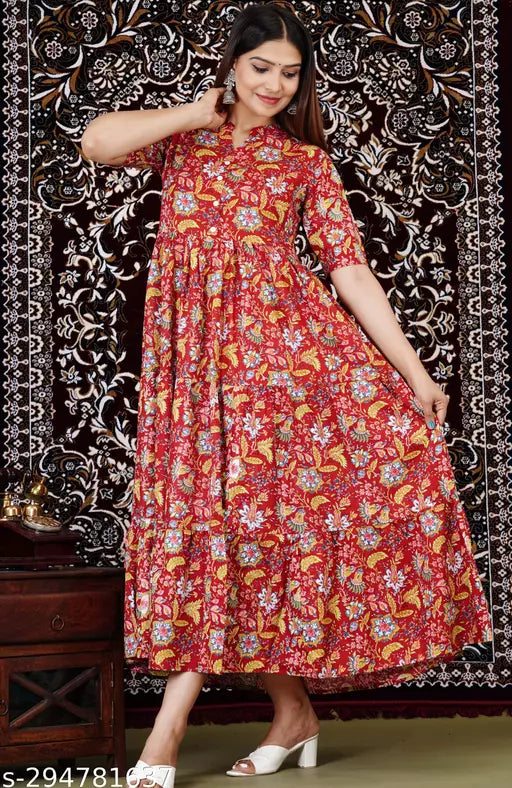 Shree ganesh  fashion's Rayon Anarkali Printed Meroon Kurti for women