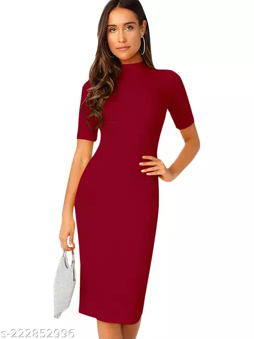 Short Sleeve Maroon Dress For Woman