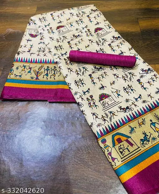 WARLI PRINTED KHADI SILK BLENDED LIGHT WEIGHT COMFERTABLE WEAR DESIGNER SAREE WITH BLOUSE