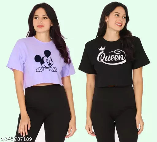 Trendy Feminine Printed Crop Tshirt Round Neck Top For Womens