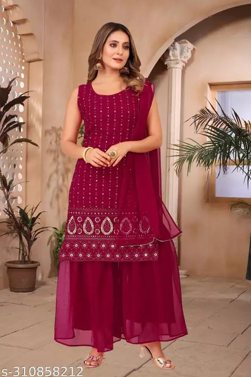Women Faux Georgette With Embrodery Seqance Work Kurta With Sharara And Dupatta Stiched