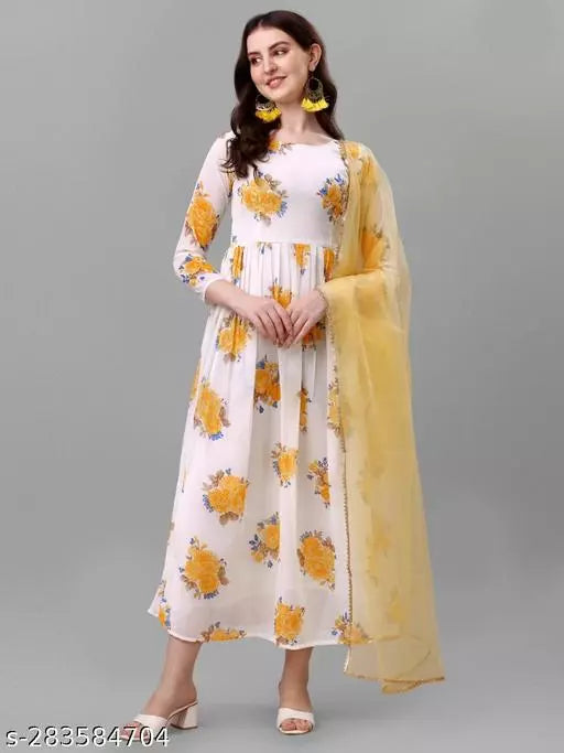 QVAZOR Stylish Fancy Trendy Printed Georgette Gown For Women For Party Wedding Festival Functions