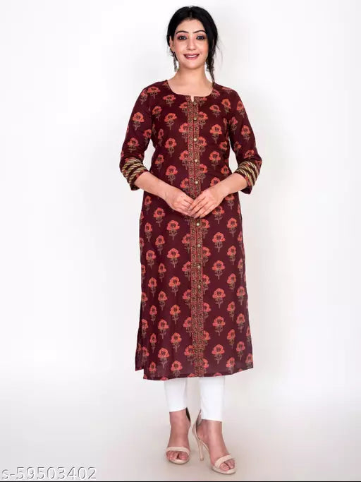 Swasti  Plus Size Women Floral Print  Printed Pure Cotton Frontslit Kurta  (Maroon)