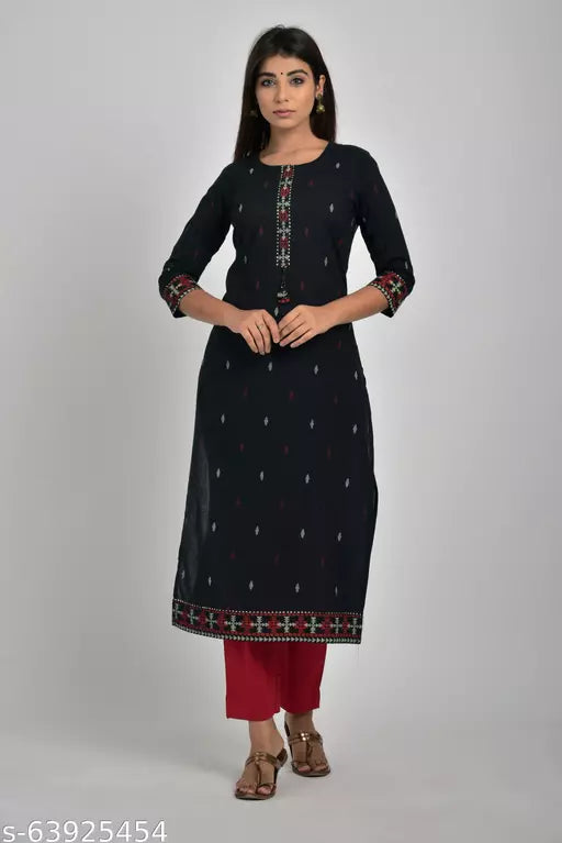 Swasti  Women Plus Size Printed Pure Cotton Straight Kurtis  (Black)