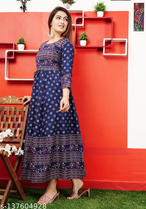 Shree Ganesh fashion's Rayon Anarkali Printed Teal Green gold  Kurti for women