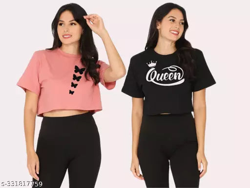 Trendy Feminine Printed Crop Tshirt Round Neck Top For Womens(Pack Of 2)