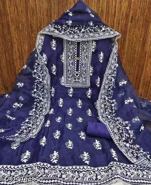 Jivika Graceful Salwar Suits & Dress Materials Exclusive Fancy Women's Designer Chainstich Embroidered Multiwork Double Sequence Blue Floral Embroidered Organza Suits & Dress Materials