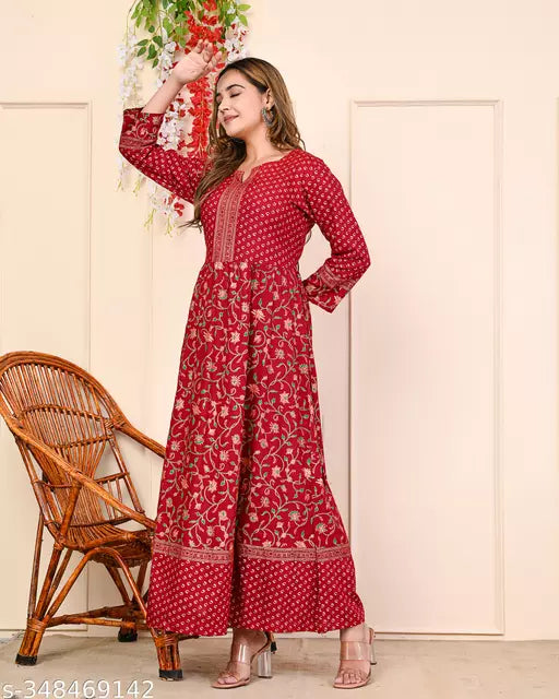 Shree  fashion's Rayon Anarkali Printed Maroon Kurti for women