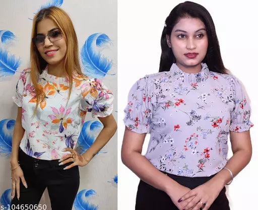 WOMEN CROP TOPS WITH FLORAL PRINTED AND STYLISH NECK