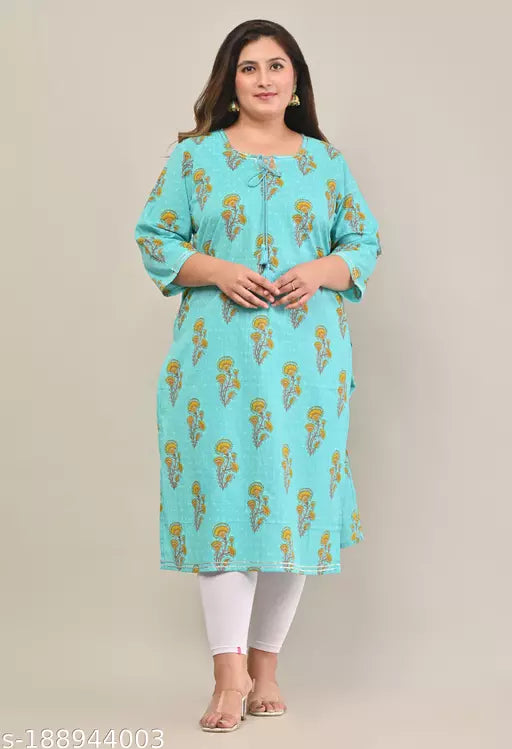 Swasti Plus Size Women Printed  Floral Print Pure Cotton Straight Kurta (Blue)