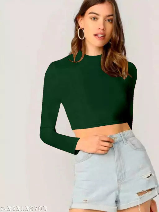 Casual Polyester Blend Round Neck Long Sleeves Crop Top