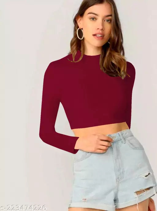Casual Polyester Blend Round Neck Long Sleeves Crop Top