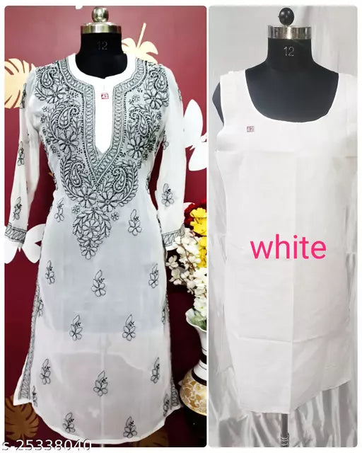 Handwork Embroidered Chikankari Chiffon Galabooti Long kurti with Camisole innr