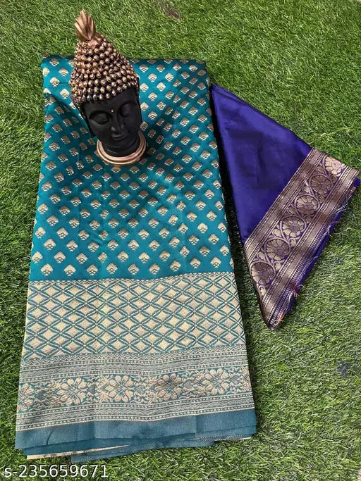 Best Deals Banarasi Sarees jacquard silk saree Wedding Wear Party Wear Daily Wear sarees Rama Blue