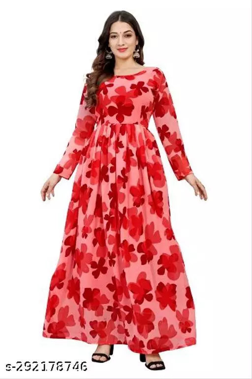 QVAZOR Stylish Fancy Trendy Printed Georgette Gown For Women For Party Wedding Festival Functions