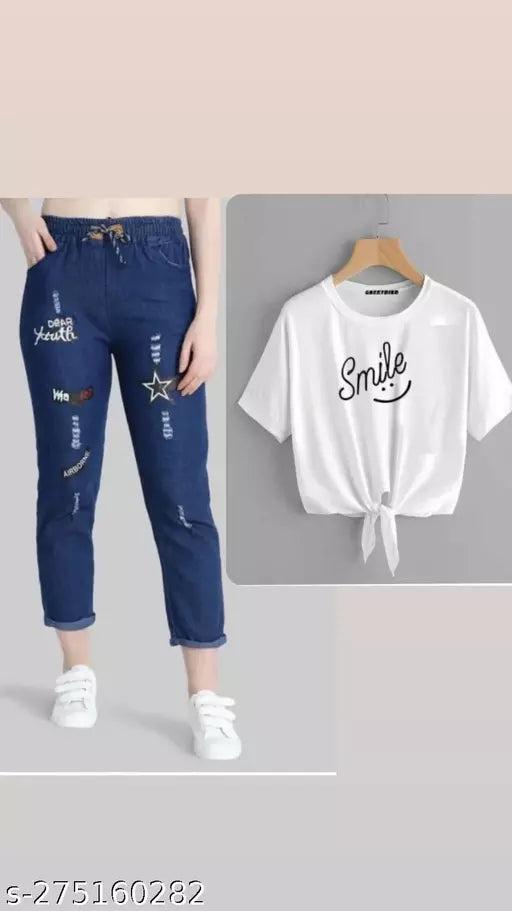 smile t_shirt & light & dark blue jeans