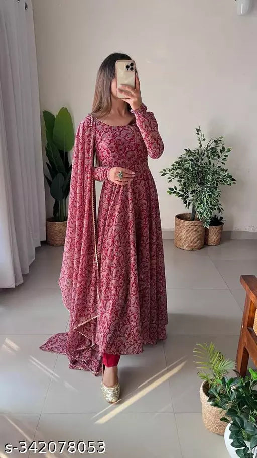 QVAZOR Stylish Fancy Trendy Printed Georgette Gown For Women For Party Wedding Festival Functions