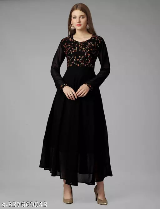 Exquisite Georgette Long Dress - Elegant Party Wear Black Gown for Women and Ladies