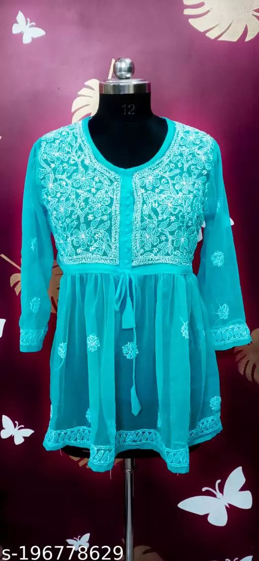 Handwork Embroidere Chikankari Chiffon Short Frock kurti .