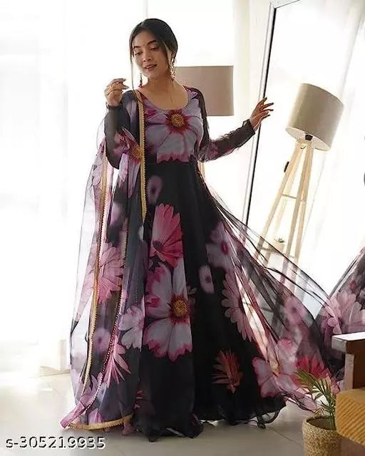 QVAZOR Stylish Fancy Trendy Printed Georgette Gown For Women For Party Wedding Festival Functions