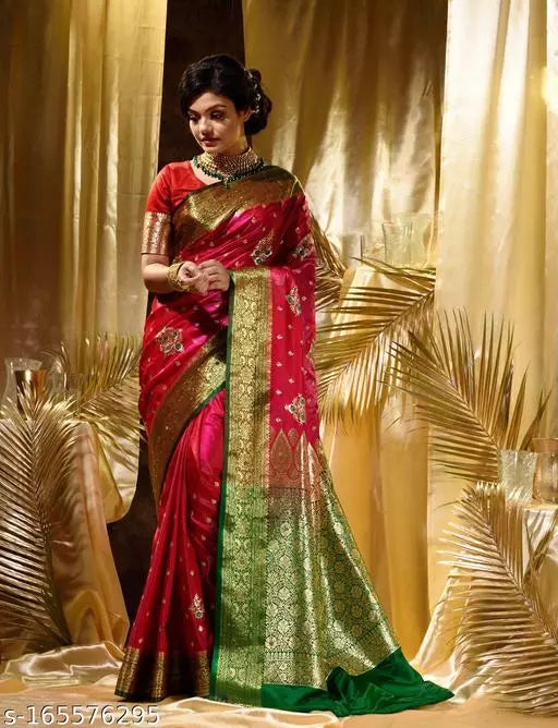 Banarasi Satin Silk Embroidery Saree With Heavy Pallu