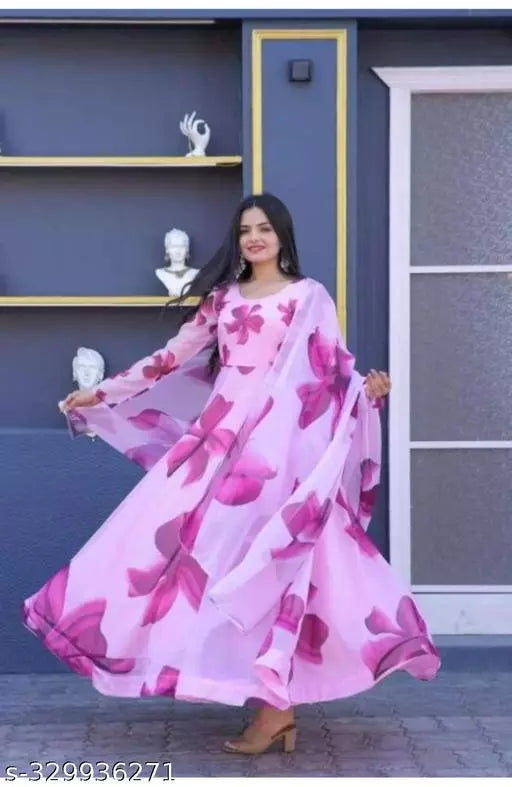 QVAZOR Stylish Fancy Trendy Printed Georgette Gown For Women For Party Wedding Festival Functions