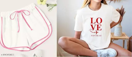 Vivient Women White Shorts and White Love Printed T-Shirt Combo