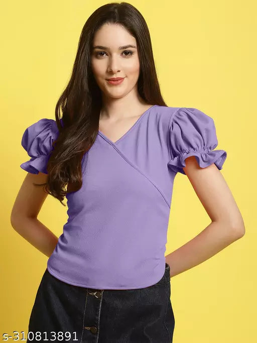 Women Lavendar Solid Puff Sleeve Wrap Top (Women Top | Women Tops | Top)