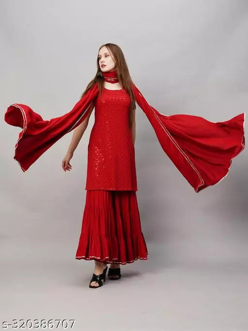 Anni Designer Women's Maroon Printed Kurta with Sharara & Dupatta