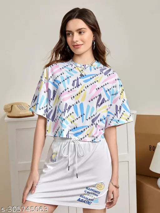 Trendy Oversize FRIENDS Letter & Graffiti Print Half Sleeve Women's Crop T-shirt for women’& Tops