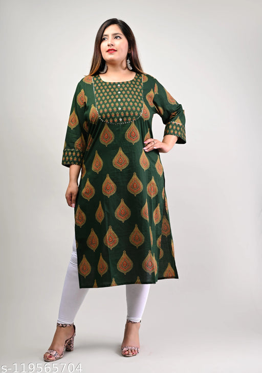 Swasti  Women Plus Size Printed Pure Cotton Straight Kurta  (Green)