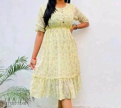 JKP COLLECTIONs Womens & Girls A-Line Dress  Casual Wear Printed & Short Sleeve Dress Fabric Cotton In Color Yellow