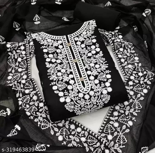Black Chanderi Cotton Unstiched Chudidar Patiala Punjabi ChainStich Work Embroidered Party Wear Salwar Suits & Dress Materials