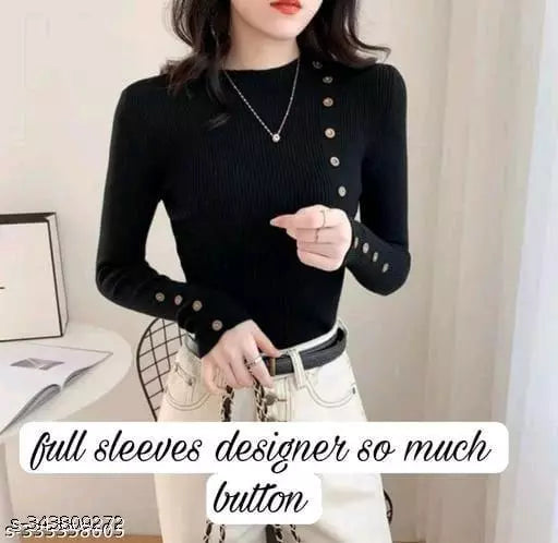 Jkp Collection India Women's & Girl's Casual Top For Ribbed Pattern Round Neck Full Sleeve Regular Fit Top In Color Black